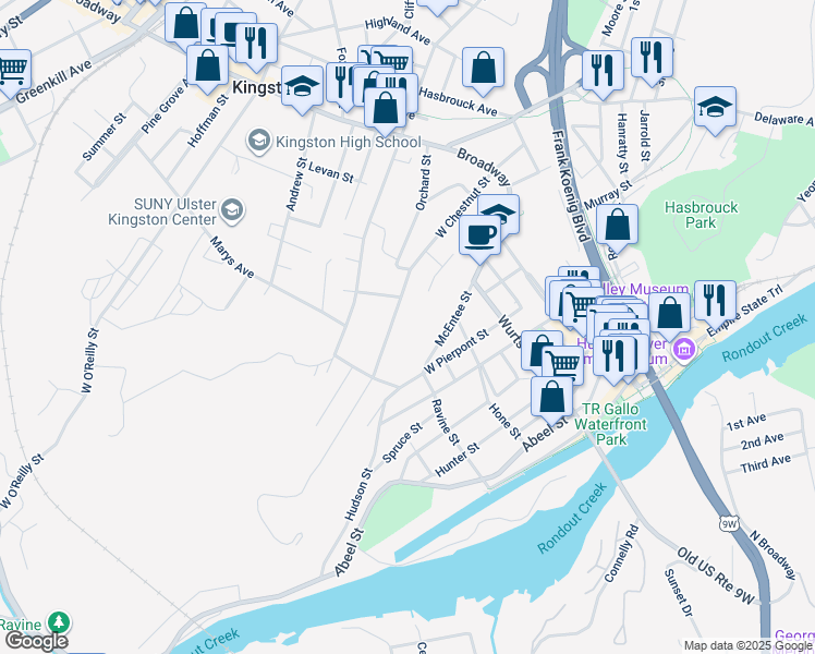 map of restaurants, bars, coffee shops, grocery stores, and more near 132 West Chestnut Street in Kingston
