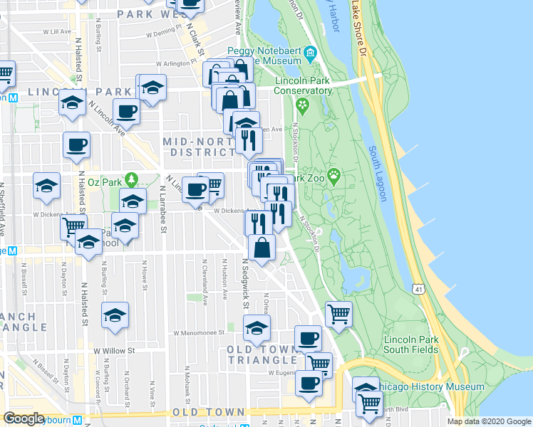 map of restaurants, bars, coffee shops, grocery stores, and more near in Chicago