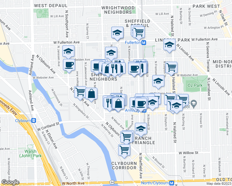 map of restaurants, bars, coffee shops, grocery stores, and more near 2119 North Clifton Avenue in Chicago