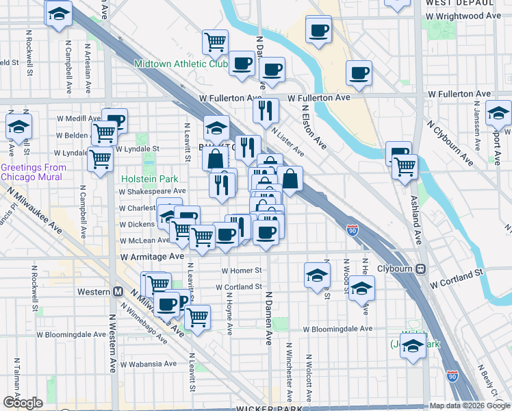 map of restaurants, bars, coffee shops, grocery stores, and more near 2130 North Damen Avenue in Chicago