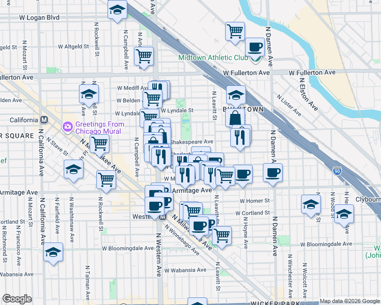 map of restaurants, bars, coffee shops, grocery stores, and more near 2235 West Shakespeare Avenue in Chicago