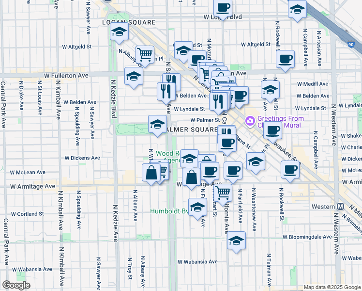 map of restaurants, bars, coffee shops, grocery stores, and more near 2127 North Humboldt Boulevard in Chicago