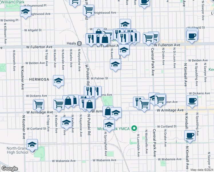 map of restaurants, bars, coffee shops, grocery stores, and more near 2148 North Springfield Avenue in Chicago