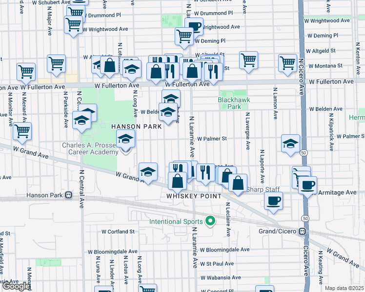 map of restaurants, bars, coffee shops, grocery stores, and more near 2158 North Latrobe Avenue in Chicago