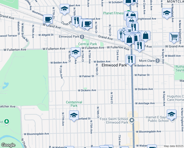 map of restaurants, bars, coffee shops, grocery stores, and more near 2219 North 75th Avenue in Elmwood Park