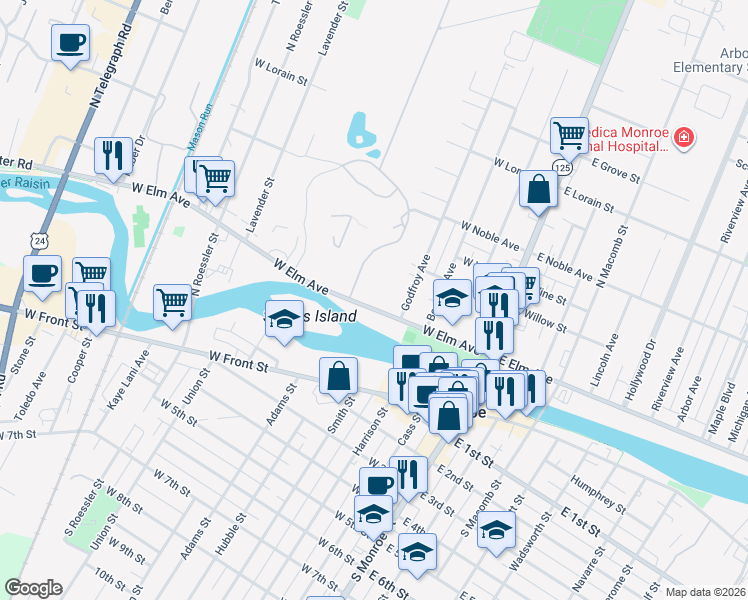map of restaurants, bars, coffee shops, grocery stores, and more near 408 West Elm Avenue in Monroe