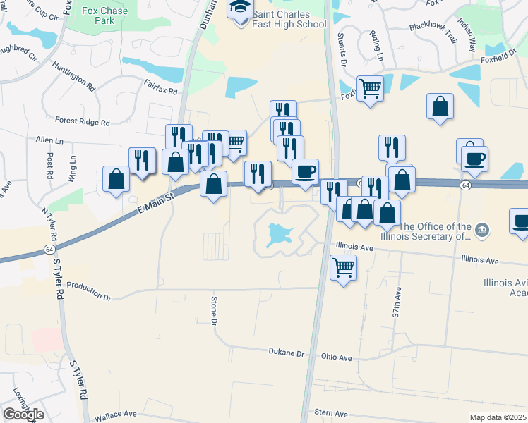 map of restaurants, bars, coffee shops, grocery stores, and more near 103 Lakeside Drive in St. Charles