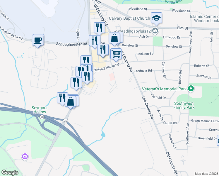 map of restaurants, bars, coffee shops, grocery stores, and more near 2 Concorde Way in Windsor Locks
