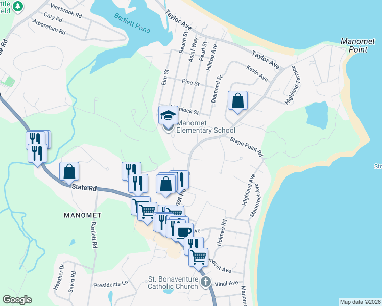 map of restaurants, bars, coffee shops, grocery stores, and more near 70 Manomet Point Road in Plymouth