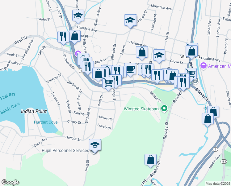 map of restaurants, bars, coffee shops, grocery stores, and more near 10 Bridge Street in Winsted