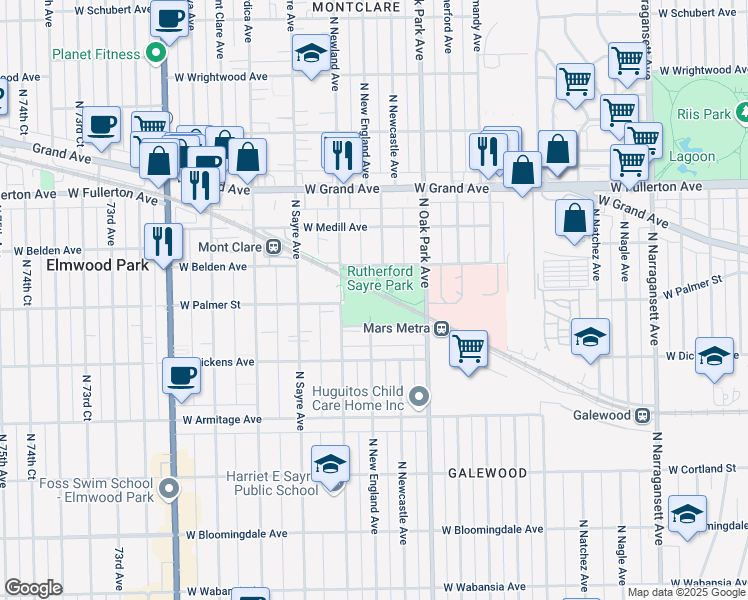 map of restaurants, bars, coffee shops, grocery stores, and more near 6871 West Belden Avenue in Chicago