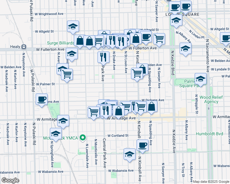 map of restaurants, bars, coffee shops, grocery stores, and more near North Drake Avenue & West Shakespeare Avenue in Chicago