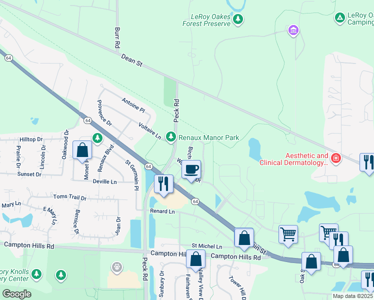 map of restaurants, bars, coffee shops, grocery stores, and more near 217 Birch Lane in St. Charles