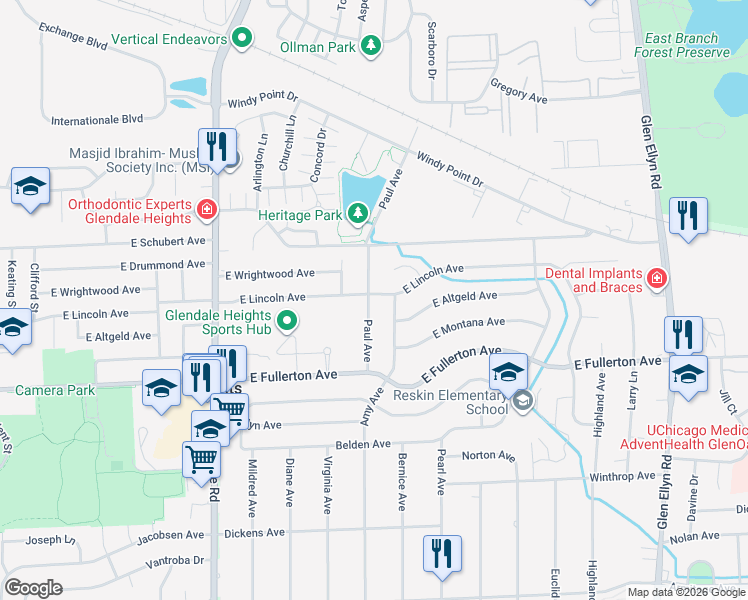 map of restaurants, bars, coffee shops, grocery stores, and more near 1663 Paul Avenue in Glendale Heights