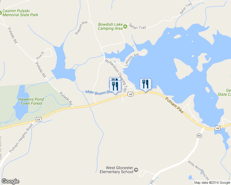 map of restaurants, bars, coffee shops, grocery stores, and more near 2461 Putnam Pike in Glocester