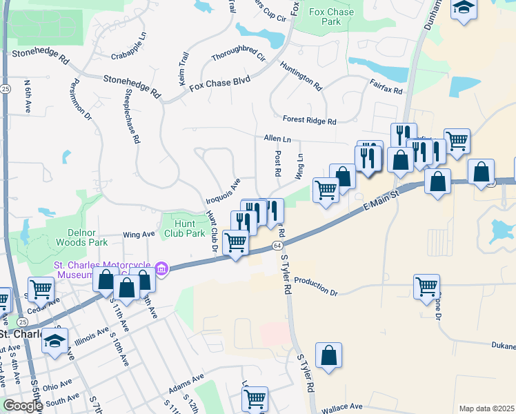 map of restaurants, bars, coffee shops, grocery stores, and more near 201 North Tyler Road in St. Charles
