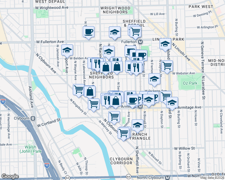 map of restaurants, bars, coffee shops, grocery stores, and more near 2119 North Clifton Avenue in Chicago