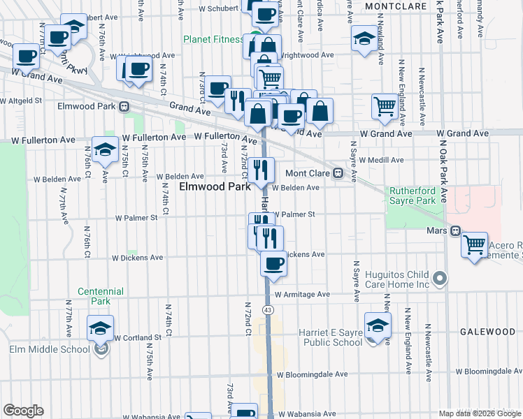 map of restaurants, bars, coffee shops, grocery stores, and more near 7200 West Palmer Street in Elmwood Park
