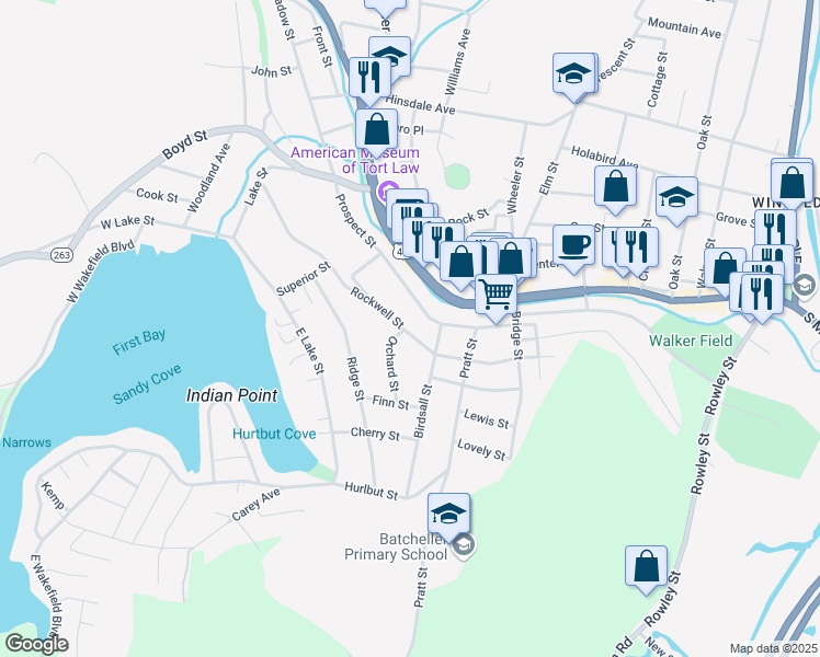 map of restaurants, bars, coffee shops, grocery stores, and more near 124 Rockwell Street in Winsted