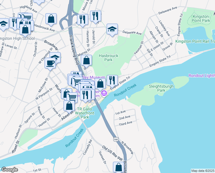map of restaurants, bars, coffee shops, grocery stores, and more near 89 East Strand Street in Kingston