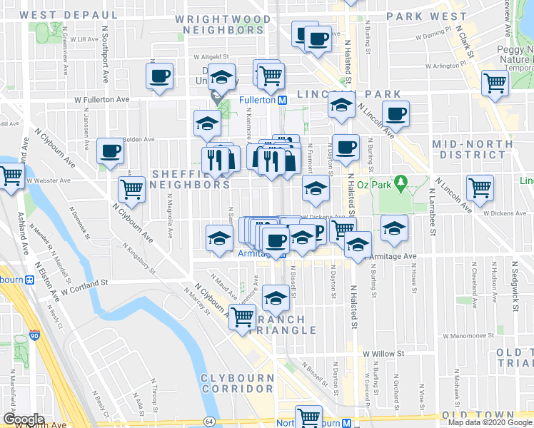 map of restaurants, bars, coffee shops, grocery stores, and more near in Chicago
