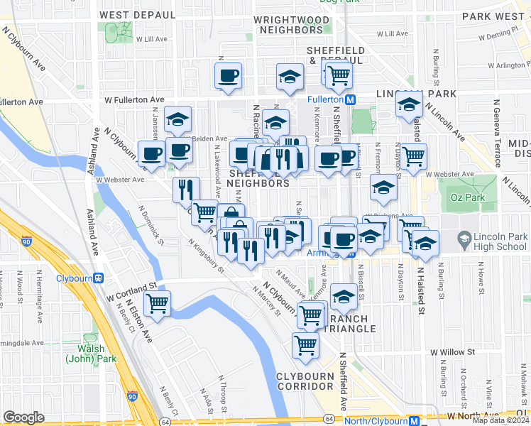 map of restaurants, bars, coffee shops, grocery stores, and more near 2126 North Racine Avenue in Chicago