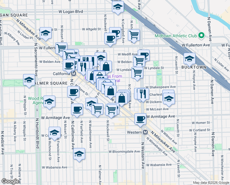 map of restaurants, bars, coffee shops, grocery stores, and more near 2140 North Maplewood Avenue in Chicago
