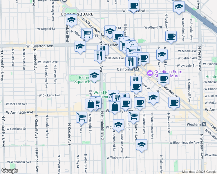 map of restaurants, bars, coffee shops, grocery stores, and more near 2911 West Shakespeare Avenue in Chicago