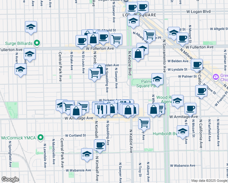 map of restaurants, bars, coffee shops, grocery stores, and more near 2136 North Sawyer Avenue in Chicago