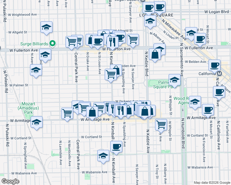 map of restaurants, bars, coffee shops, grocery stores, and more near 2150 North Spaulding Avenue in Chicago
