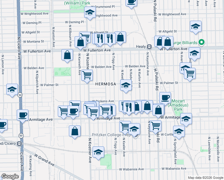 map of restaurants, bars, coffee shops, grocery stores, and more near in Chicago