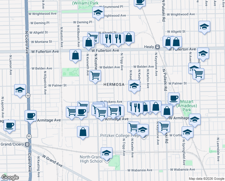 map of restaurants, bars, coffee shops, grocery stores, and more near in Chicago