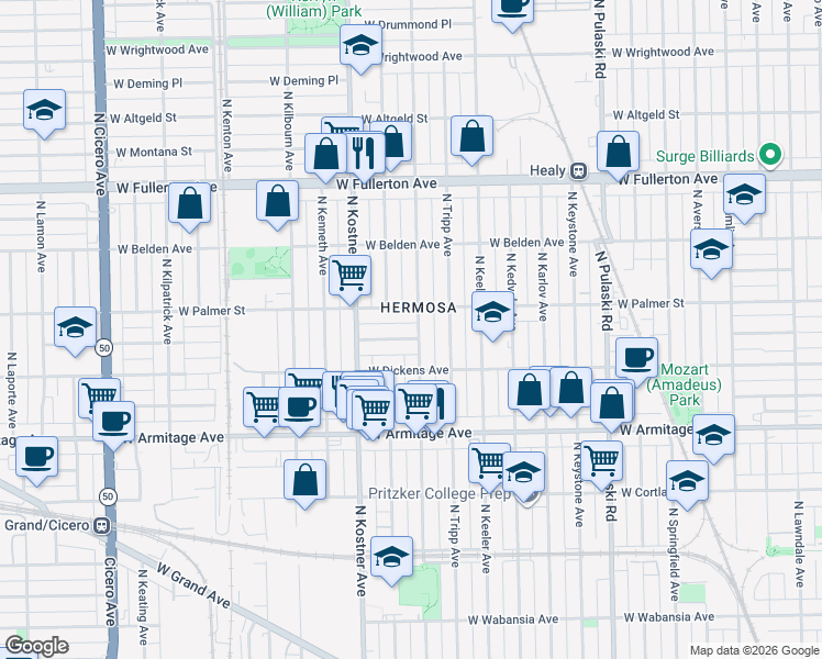 map of restaurants, bars, coffee shops, grocery stores, and more near 4323 West Palmer Street in Chicago