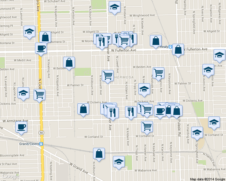 map of restaurants, bars, coffee shops, grocery stores, and more near 2150 North Kostner Avenue in Chicago