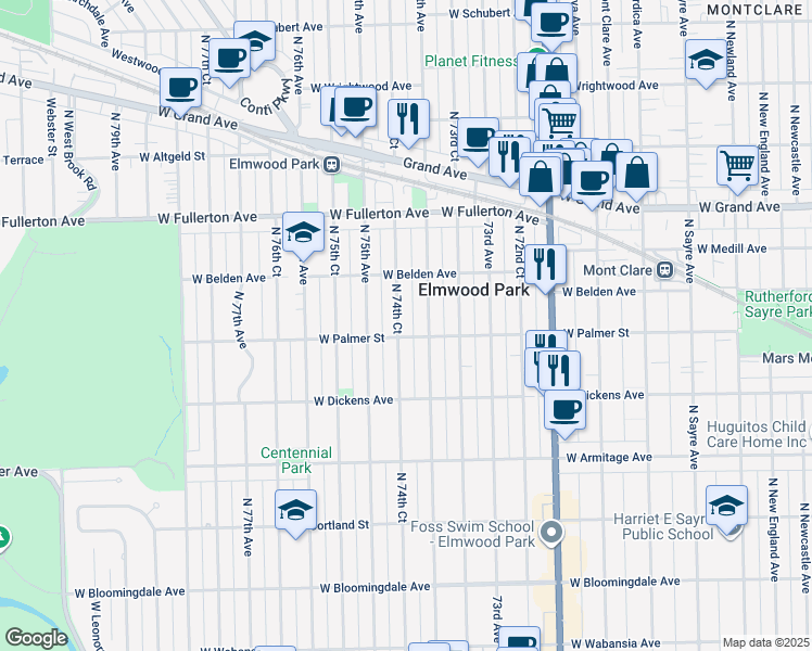 map of restaurants, bars, coffee shops, grocery stores, and more near 2216 North 74th Avenue in Chicago