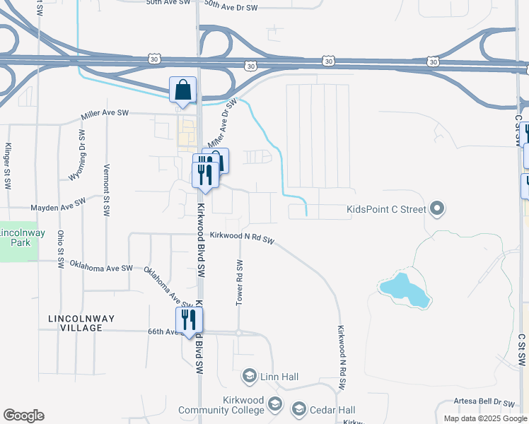 map of restaurants, bars, coffee shops, grocery stores, and more near 311 Kirkwood Court Southwest in Cedar Rapids