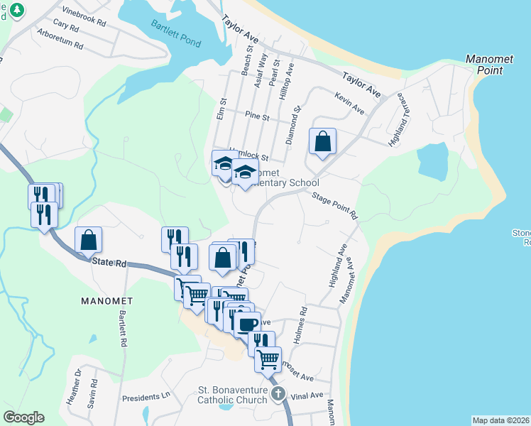 map of restaurants, bars, coffee shops, grocery stores, and more near 86 Manomet Point Road in Plymouth