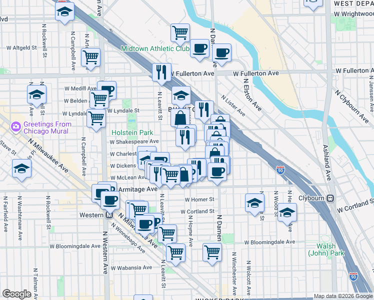 map of restaurants, bars, coffee shops, grocery stores, and more near 2100 North Hoyne Avenue in Chicago