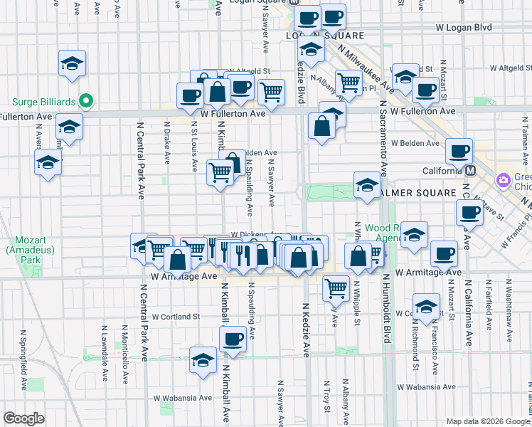 map of restaurants, bars, coffee shops, grocery stores, and more near 2136 North Sawyer Avenue in Chicago