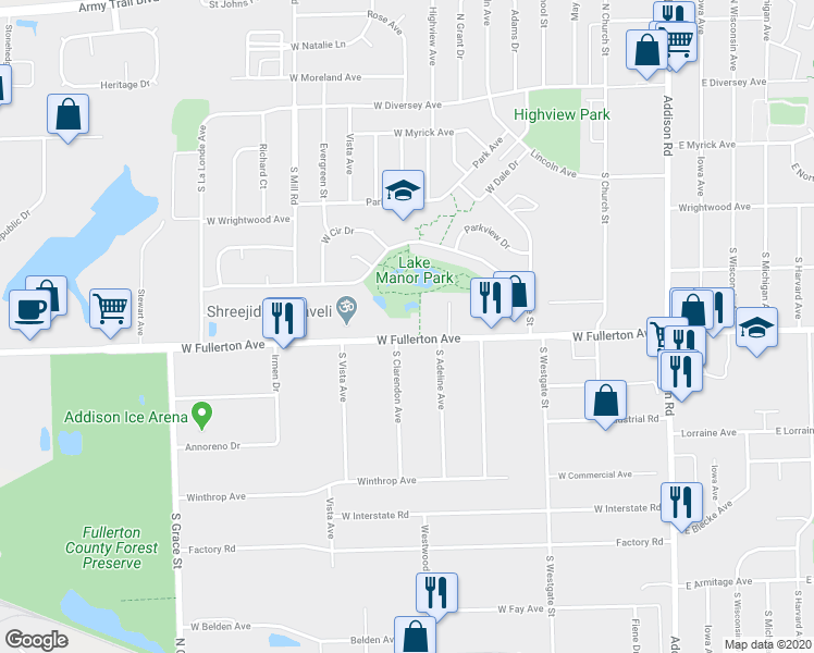 map of restaurants, bars, coffee shops, grocery stores, and more near 414 West Fullerton Avenue in Addison
