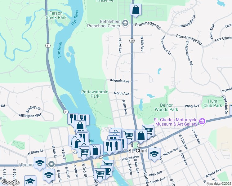 map of restaurants, bars, coffee shops, grocery stores, and more near 300 Geneva Avenue in Melrose Park