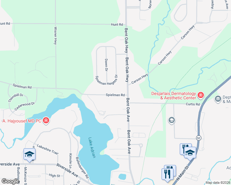 map of restaurants, bars, coffee shops, grocery stores, and more near 2653 Spielman Heights Drive in Adrian