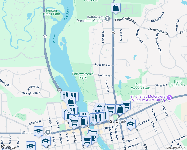 map of restaurants, bars, coffee shops, grocery stores, and more near North Avenue in St. Charles