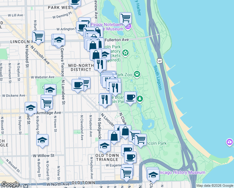 map of restaurants, bars, coffee shops, grocery stores, and more near 2099 North Lincoln Park West in Chicago