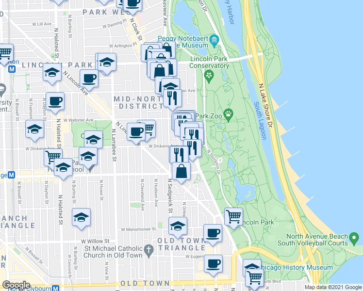 map of restaurants, bars, coffee shops, grocery stores, and more near W Dickens Ave & N Orleans St in Chicago