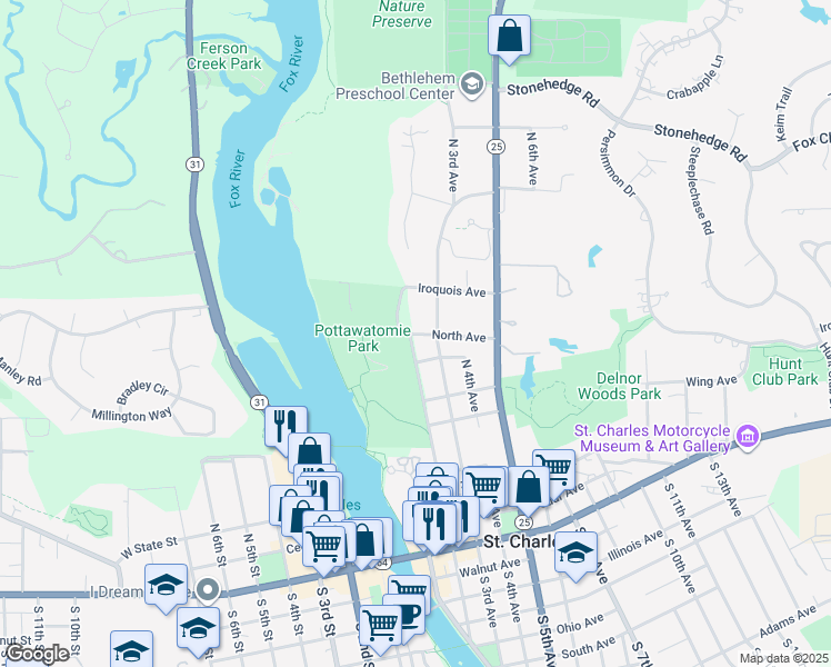 map of restaurants, bars, coffee shops, grocery stores, and more near North Avenue in St. Charles