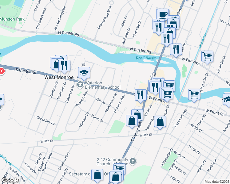 map of restaurants, bars, coffee shops, grocery stores, and more near 1704 South Custer Road in Monroe