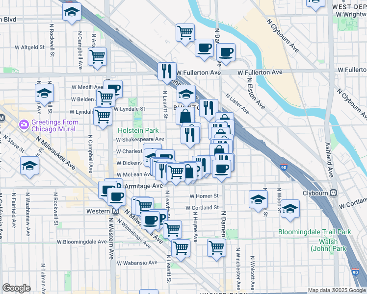map of restaurants, bars, coffee shops, grocery stores, and more near 2122 West Charleston Street in Chicago