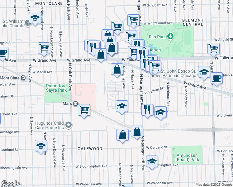 map of restaurants, bars, coffee shops, grocery stores, and more near 6525 West Palmer Street in Chicago