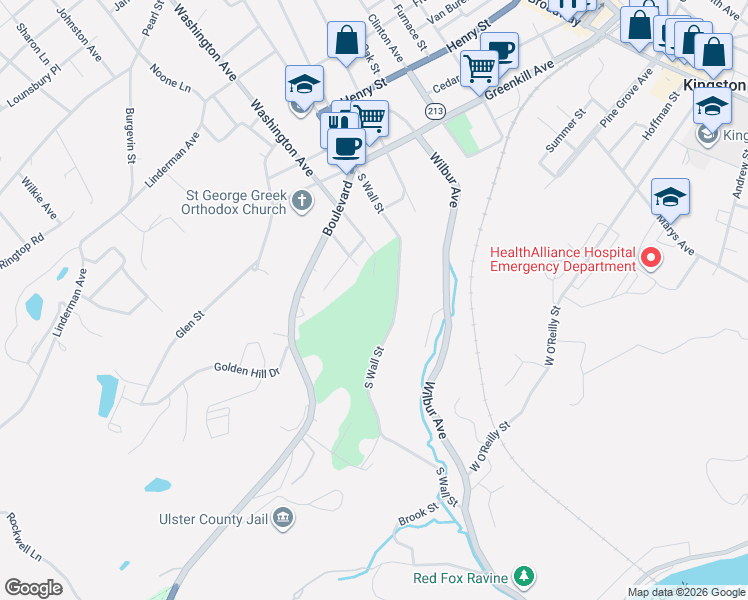 map of restaurants, bars, coffee shops, grocery stores, and more near 97 South Washington Avenue in Kingston
